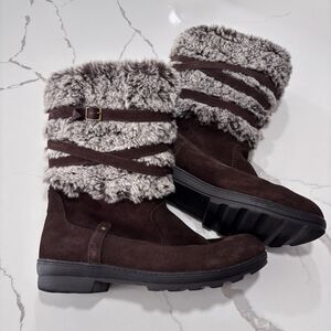 White Mountain Thunder Brown Suede Faux Fur Lined Boots Slip On Buckle Trim 9.5